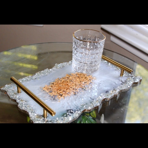 Handmade White Resin Tray With Handles Gold Flakes And Glass - Picture 2 of 8